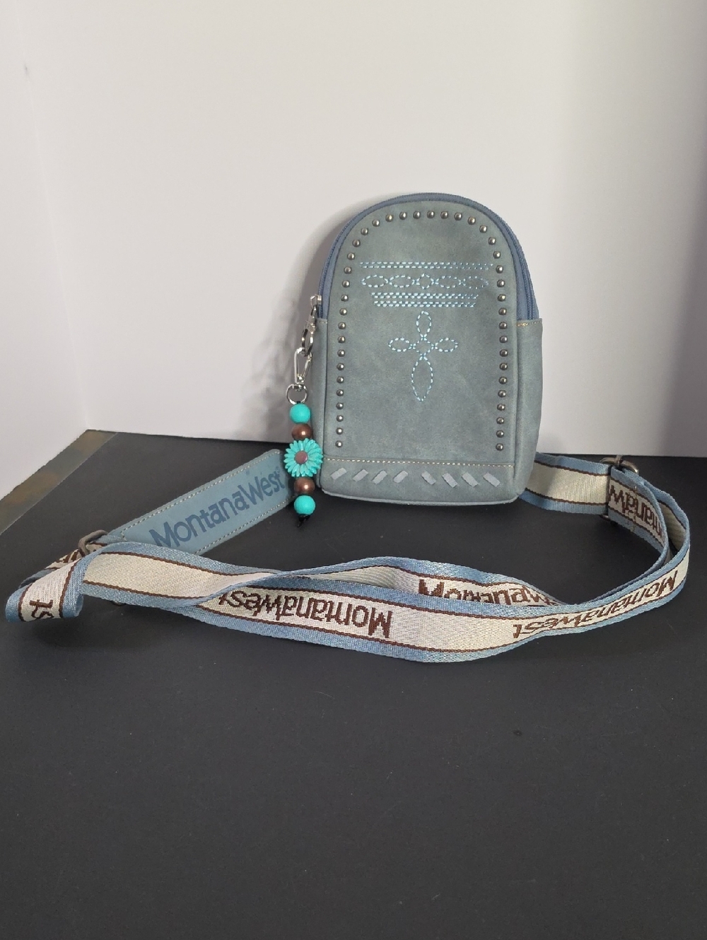 Montana West Suede Crossbody Pouch in Light Blue with Turquoise Charm